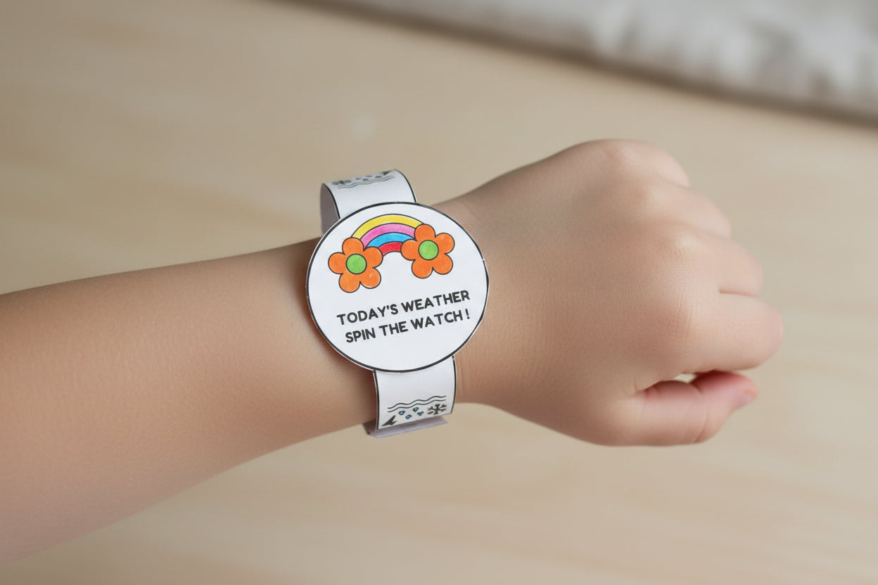 Child's hand wearing a colorful wristwatch with a rainbow and flower design on a green surface with pens.
