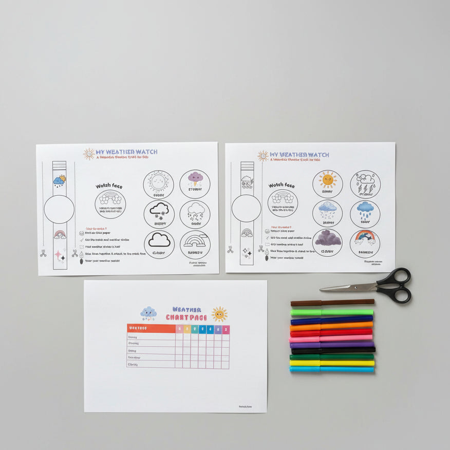 Weather-themed educational materials including a chart, stickers, and markers on a textured surface.